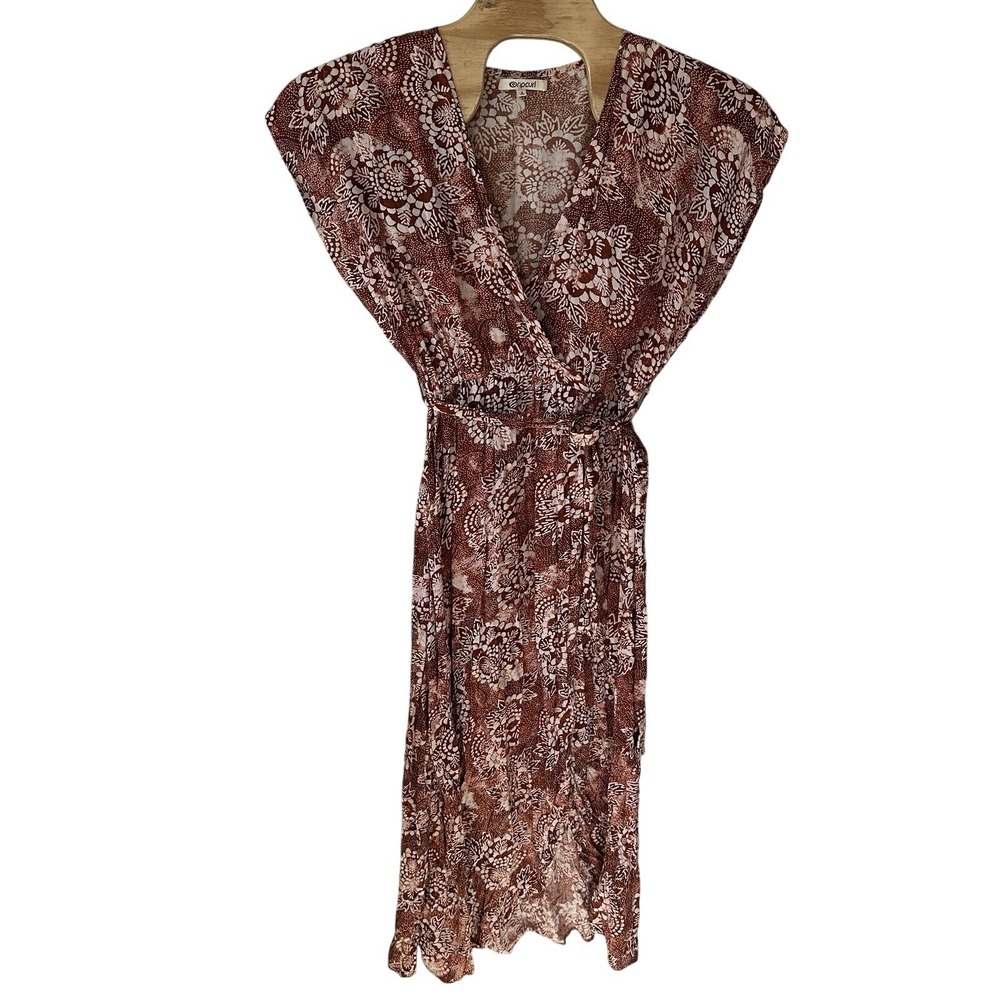 Rip Curl Dress Size Small Brown Ivory Floral Short Sleeve Wrap V-Neck Maxi Boho